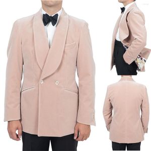 Ternos masculinos de veludo rosa Men's Terno 2 peças Blazer calças pretas Um botão puro lapela slim smoking fashion Business