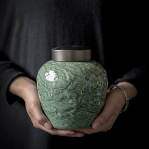 Teaware Celadon Dragon Tea Box Organizer Teaware Cloud Tea Container Can Jar For Storage Vintage Green Caddy Tin Tea Ceremony Utensils