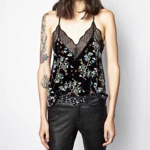 Camisoles Tanks Spring Summer Women Black Camis Velvet Lace Floral Printed Top Sleeveless Sexy V-neck Camisole 230510