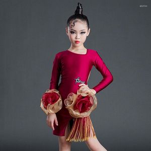 Stage Wear Latin Dance Dress Red Long Sleeves Fransen für Mädchen Cha Rumba Competition Costume BL6924