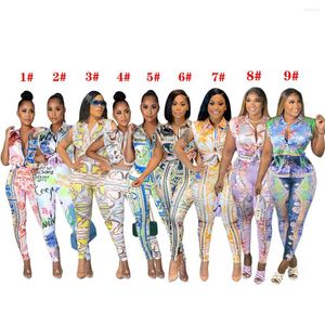 Women's Two Piece Pants Zaggin 2023 Autumn Women Printed 9-colors 2-PiecesSuit Casual Lady Notched Sleeveless Short Long Leisure Sets