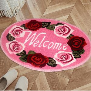 Carpets Welcome Doormat Ellipse Embroidery Rose Soft Plush Non-Slip Absorbent Front Door Mat Outdoor Bathroom Rug 80x50cm