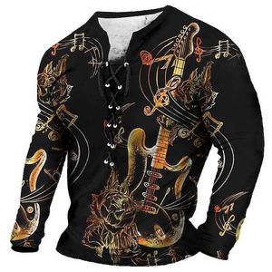 RUKAS T-shirt graphic guitar instrument collar clothing 3D printing casual outdoor long sleeved lace print fashion original pattern comfortable