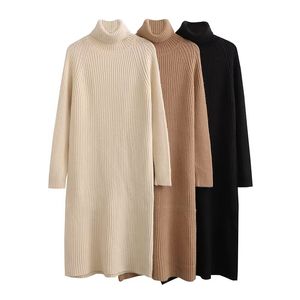 Women's turtleneck knitted casual dresses thickening solid color loose knee length dress XSSML