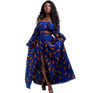 Etniska kläder Afrikanska klänningar för kvinnor Autumn 2 -stycken Set Lady Full Sleeve Shoulder Off Festher Dashiki Print Split kjolar Africna kläder 230510
