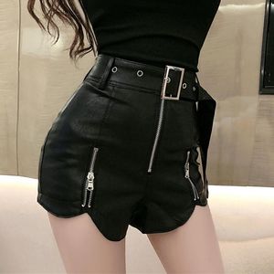 Pantalones cortos con cremallera para mujer, ropa de calle Sexy de cuero Pu para mujer, vaqueros góticos, Mini cintura alta con cordones, cremallera informal, moda gótica negra para Club