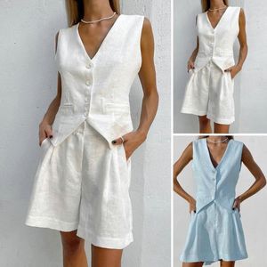 Kvinnors spårningsdräkter 2st/set kvinnor Vest Blazer Shorts Suit Summer V Neck Pocket Sleeveless Solid Color Ladies Cotton Line Waistcoat Top Sets