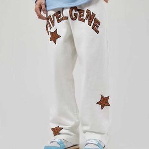 Men's Jeans Leopard Letter Star Embroidery Casual Overalls American Street Fashion Men's White Black High Street Straight Pants goth clothes Z0508