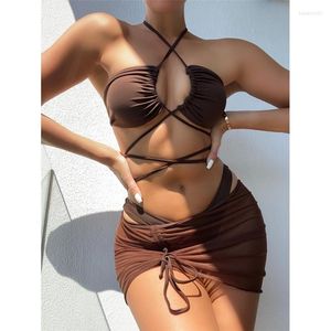 Kadın Mayo Şeritli Bandage 3 Parça Bikini Kadınlar Bodycon Beach Moda Yaz Mayosu Seksi Yüksek Bel Katı Push Up Kadın 2023