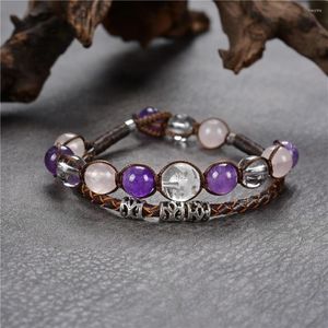 Strand Women's Jewelry Bracelet Natural Stone Beads Purple Amethysts Braided Rope Leather Bracelets Bangle Yoga Y1017