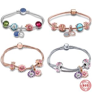 Rose Gold Designer Bracelet Flower charms Set for Women Engagement Gift with Box DIY fit Pandora Bracelets Pendant Beads jewelry