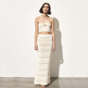 Women's Two Piece Pants 2 Set Cross Knitted Vest Solid Hollow Out Tube Top And Long Dress Summer Beach Casual Women Outfits