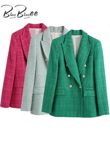 Ternos femininos Blazers Blingbleee Spring Women Traf Jaqueta ornamentada botão de tweed de lã casacos femininos casuais grossos blazers verdes azuis 230510