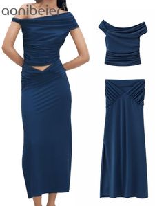 Two Piece Dress Aonibeier Summer Women Maxi Skirt Suits Traf Sexy Sleeveless Ruched Asymmetric Off Shoulder Slim Crop Tops Female 2 Sets 230509