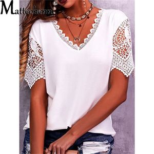 Women's TShirt Fashion Lace Hollow Out Splicing Short Sleeve Top's Summer Casual Comfortable Cotton V Neck Loose Female 230510