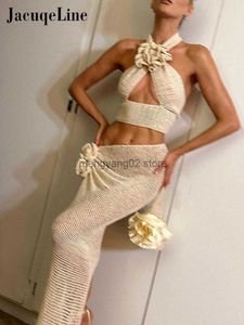 Abito a due pezzi 2023 Chic Net Knit Tie Flower Gonne eleganti Set Women Club Outfit Halter Top senza schienale e gonna aderente con spacco T230510