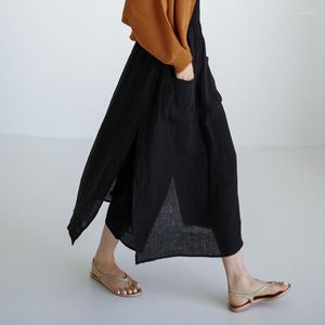 Gonne Gonna a gamba larga con spacco Pantaloni Casual alla caviglia Gonne Y2k Abiti larghi in cotone e lino Nero Maxi tasca da donna