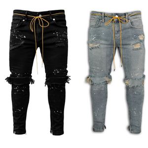 New High Quality Men Repair Denim Designer Jeans Body Ripped Pennies Washed Street Pocket Zipper Men Paint Sports Jean for man