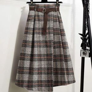 Skirts Office Lady Woolen Winter Thicken Umbrella Skirt Autumn 2023 Plaid Asymmetrical Long Women Plus Size A-LINE