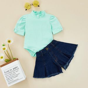 Clothing Sets Toddler Girls Summer Casual Outfits Light Green Short Puff Sleeve Romper Dark Blue Denim Shorts 3-24Months