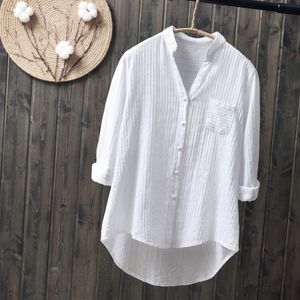 Women's Blouses Shirts 100 Cotton White Blouse Spring Autumn Simple Long Sleeve Vneck Casual Tops Solid Pocket Y269 230510