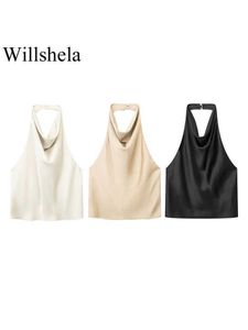 Женские танки Camis Willshela Women Fashion Satin Satin Plouing The Halter Tops Tops без спины с Button Vintage Halter Neck Женская шикарный топ Lady Crop Z0510