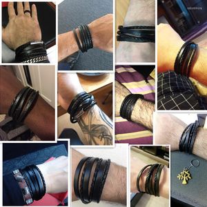 Charm Bracelets Top Sale Fashion Good Quality Men Black Genuine Leather Bracelet Multilayer Braided Wristband B203