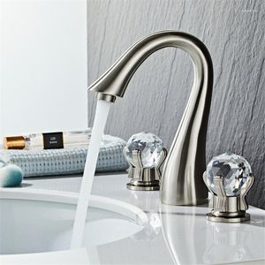 Rubinetti per lavandino del bagno Rubinetto per lavabo Tuqiu cromato Ottone Nichel Cristallo diffuso a 3 fori e rubinetto a cascata fredda