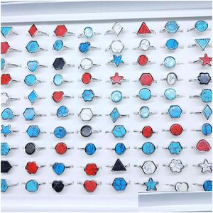 Band Rings Retro Style Various Shapes Imitation Turquoise Ring Pentagram Round Charm Mix Metal Big Size Men And Women Jewelry Party Dhzd8