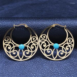 Stud Earrings 2023 Stainless Steel Blue Stone Big Hoop Women Gold Color Flower Earings Jewelry Aros Acero Inoxidable E9355S04