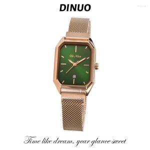 Armbanduhren Dinuo_ Damen Handform Kalender Kleine Grüne Uhr Ins Windlicht Luxus Retro Quadratische Scheibe Verschiedene Uhrenbänder
