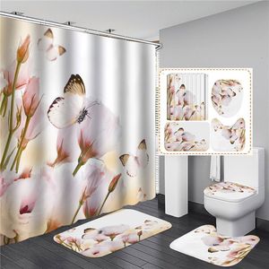 Shower Curtains Plant and Butterfly Print with Hook Set Waterproof Bathroom Antislip Bath Mat Toilet Cover Decor 230510