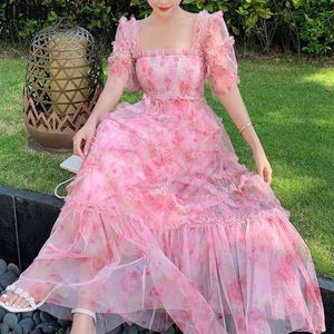 Festklänningar 2023 Ny fransk blommig rosa fyrkantig krage smal fairy klänning estetisk sommarfest strandklänning eleganta långa klänningar kvinna kläder y23