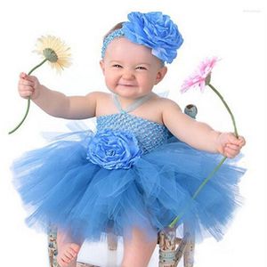 Flickaklänningar söta baby flickor virka blomma tutu klänning fluffig 1 skikt tull ballett tutus med daisy spädbarnsfest bankettduk