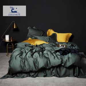 Set di biancheria da letto LivEsthete Verde scuro 100% seta Set Sano Pure Luxury Queen King Copripiumino Lenzuolo Federa Biancheria da letto 230510