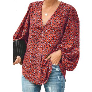 Kvinnors blusar Skjorta Leopard Print Blue Lady Loose Vneck Long Lantern Sleeve Plus Size Tops AM2258 230510