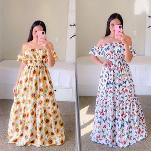 Women's Jumpsuits & Rompers Woman Off Shoulder Floor Length Dress Sunflower Butterfly Floral Printed Short Sleeve Cake Pleated S-XL