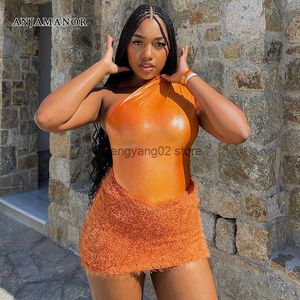 Two Piece Dress 2 Piece Set Fuzzy Skirt and One Shoulder Bodysuit Top Orange Sexy Club Outfits Bodycon Dresses for Women 2023 D85-CG18 T230510
