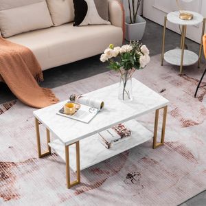 Faux Marble Top Coffee Table with Gold Metal Frame, 2 Tier Rectangular Tea Table for Living Room, Office, Balcony, White