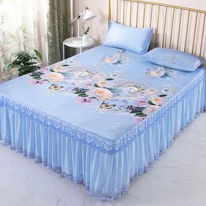 Bed Skirt Princess Lace Print Flowers bed skirt for Girls Ice Silk Mat Bed Sheet with Skirt Bedding Bedspreads Bed Cover Non-Slip Sheet 230510