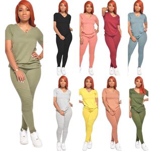 Designer Damen Sportwear Zweiteilige Jogger-Sets Sexy V-Ausschnitt T-Shirt Outfits Mode Kurzarm Strumpfhosen Hosen Plus Size Damenbekleidung