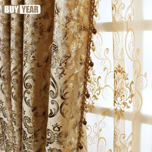 Curtain Embroidered Luxury Gold Curtains for Living Room Bedroom European Sheer Tulle Print High Blackout Windows Backdrop 230510