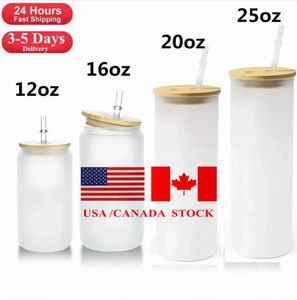 USA /CA Local Warehouse 16oz Sublimation Tumblers Blanks Straight Frosted Clear Transparent Iced Coffee Glass Mugs Water Cups with Bamboo Lid And Straws 0530