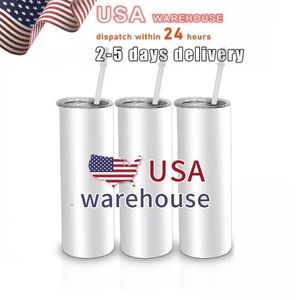 USA Warehouse 20 oz Sublimationsbecher, Rohlinge, Edelstahl, gerade, vakuumisoliert, doppelte schlanke DIY-Tassen, Auto-Kaffeetassen mit Deckel und Strohhalm