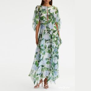 Fanncy Crew Neck Floral Printed Gathered Waist Irregular Hem Dress