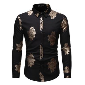 Camicie casual da uomo Camicia a maniche lunghe slim fit nera Camisa Masculina 2023 Moda abito floreale oro lucido Camicia da uomo da uomo