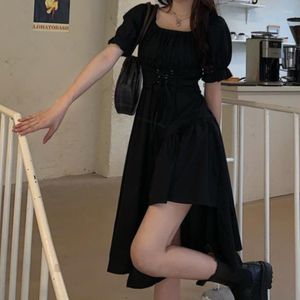 Casual Dresses Womens White Dress Summer Elegant Vintage Kawaii Puff Sleeve Midi Square Collar Bandage Sundress Goth Outfits 2023