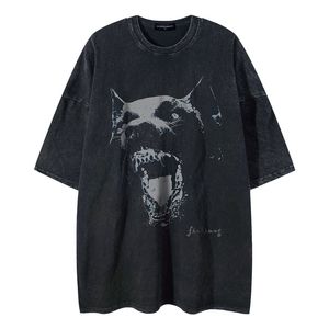 Vintage T-Shirt Hip Hop Rottweiler Dog Graphic Print Washed Tshirt Streetwear Harajuku Punk Gothic Rock Tee Fashion Summer Tops