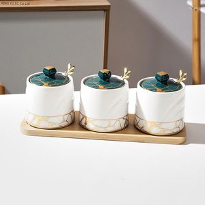Förvaringsflaskor gyllene marmor glas keramiska kolv krydda burk med lockbox krydda inhemsk skål socker bambu träbricka köksredskap