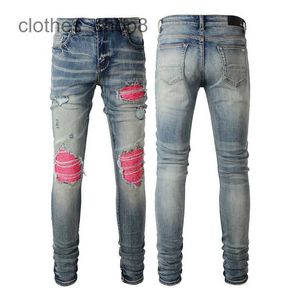Designer Jeans Men's Jean Amirres Denim Mens Pants Trendlight Blue Contrast Denim Hole Patch Elastic Tight Fitting For Men H83Z